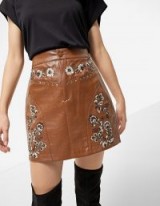 STRADIVARIUS Faux leather skirt with front embroidered yoke | floral tan skirts