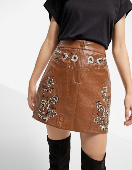STRADIVARIUS Faux leather skirt with front embroidered yoke | floral tan skirts - flipped