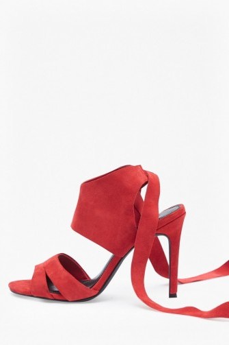 French Connection FEARNE SUEDE ANKLE WRAP HEELS / red high heels / strappy sandals - flipped