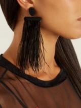 OSCAR DE LA RENTA Feather-embellished tassel-drop clip-on earrings ~ feathered statement jewellery