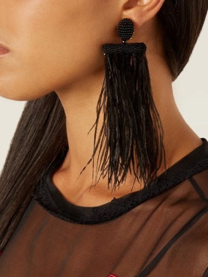 OSCAR DE LA RENTA Feather-embellished tassel-drop clip-on earrings ~ feathered statement jewellery - flipped