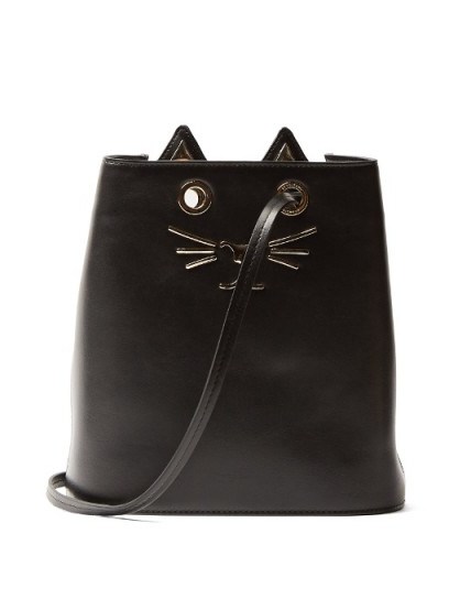 CHARLOTTE OLYMPIA Feline-embellished leather bucket bag ~ black cat bags - flipped