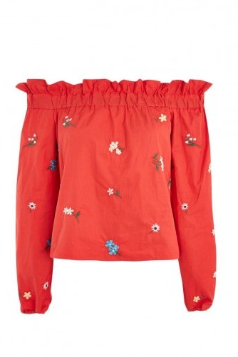 Topshop Floral Embroidered Bardot Top | red off the shoulder tops - flipped