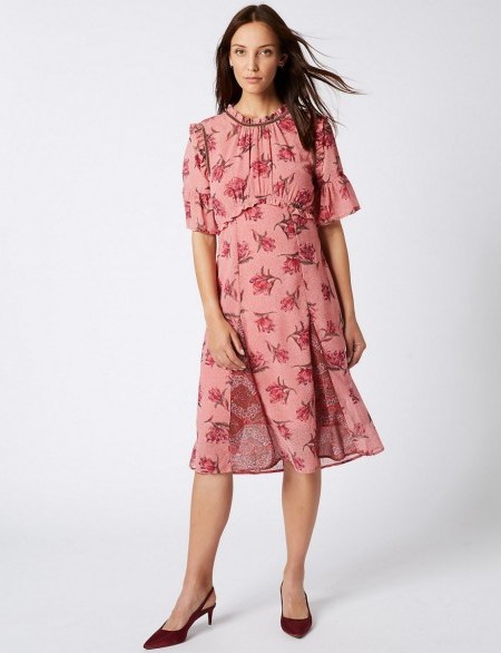 M&S COLLECTION Floral Print Ruffle Half Sleeve Midi Dress / pink dresses - flipped