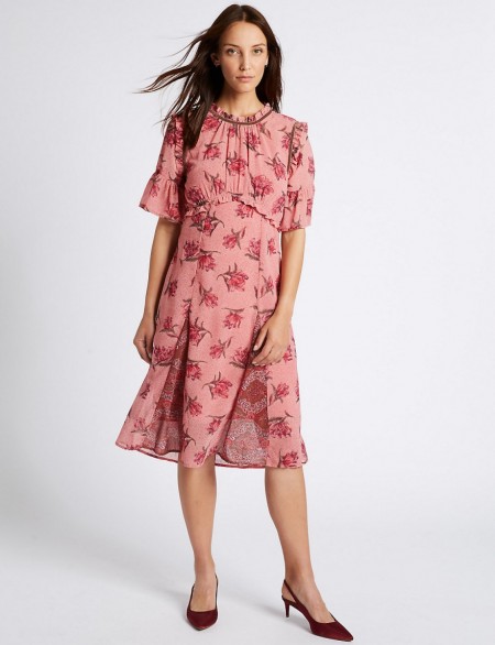 M&S COLLECTION Floral Print Ruffle Half Sleeve Midi Dress / pink dresses