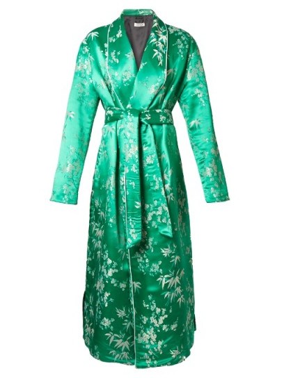 ATTICO Floral-jacquard satin kimono dress ~ green luxe robes ~ belted wrap style dresses - flipped