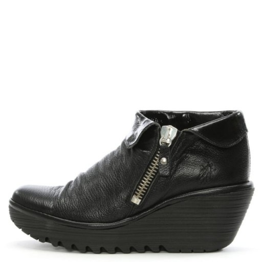 FLY LONDON Yoki Black Leather Wedge Boot | wedged booties - flipped