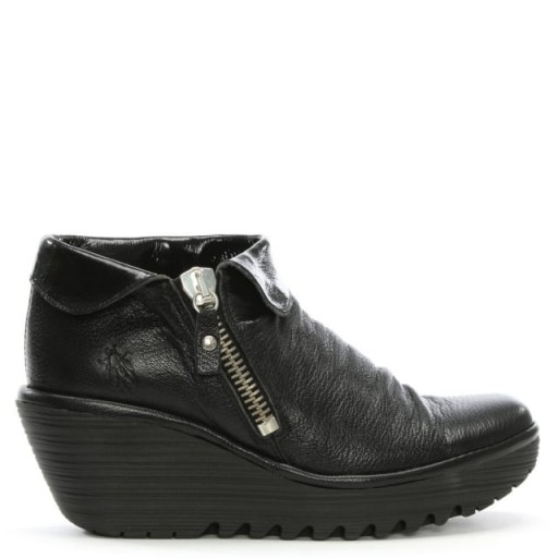 FLY LONDON Yoki Black Leather Wedge Boot | wedged booties
