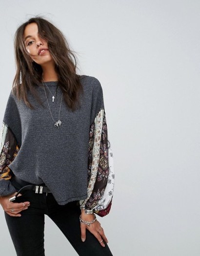 Free People Blossom Bell Sleeve Top | black jersey floral sleeved tops - flipped