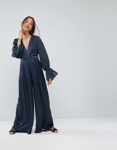 Free People V-Neck Wide Leg Jumpsuit With Flared Sleeve - flipped
