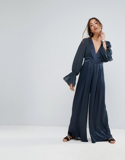Free People V-Neck Wide Leg Jumpsuit With Flared Sleeve