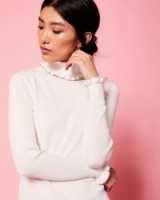 TED BAKER CEILYA Frilled cotton and silk-blend roll neck jumper ~ ivory frill trimmed jumpers ~ knitwear