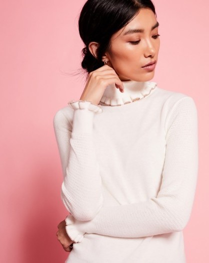 TED BAKER CEILYA Frilled cotton and silk-blend roll neck jumper ~ ivory frill trimmed jumpers ~ knitwear - flipped