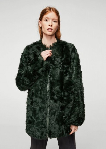 MANGO Fur leather coat NADINE7 | fluffy green coats - flipped