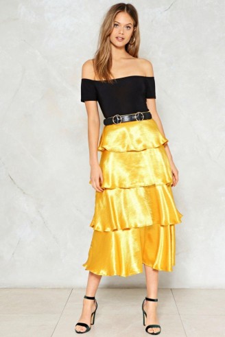 NASTY GAL Get Glowing Metallic Skirt ~ yellow tiered skirts ~ party fashion