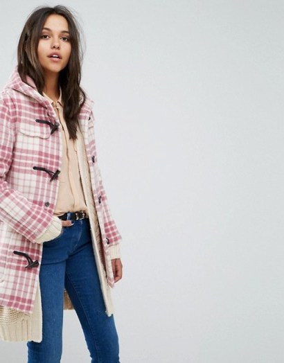 Gloverall Exclusive Classic Mid Length Duffle In Pink Check | hooded winter coats - flipped