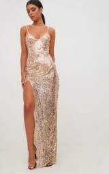 PRETTY LITTLE THING GOLD STRAPPY SEQUIN MAXI DRESS | plunge front evening dresses