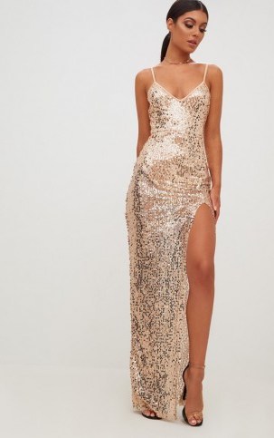PRETTY LITTLE THING GOLD STRAPPY SEQUIN MAXI DRESS | plunge front evening dresses - flipped