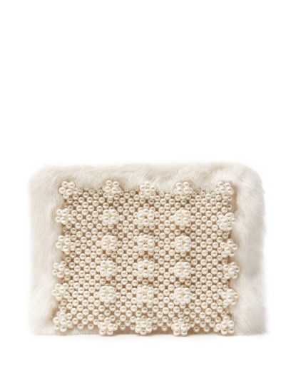 SHRIMPS Graham faux-fur clutch ~ white fluffy bead embellished evening bags - flipped