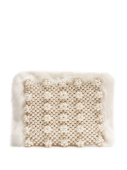 SHRIMPS Graham faux-fur clutch ~ white fluffy bead embellished evening bags