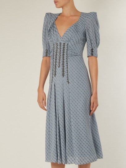 BOTTEGA VENETA Graphic-print stud-embellished silk-blend dress ~ dusty-blue vintage style dresses - flipped