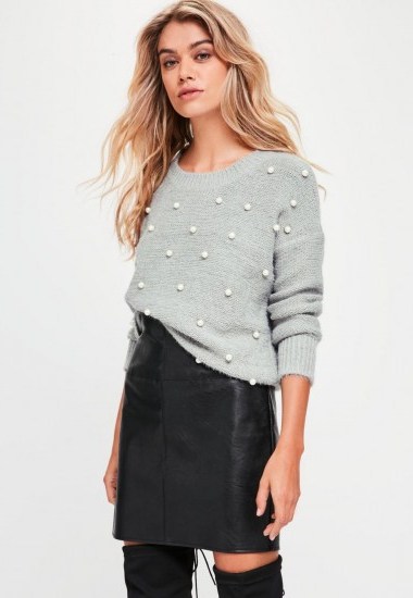 missguided grey embellished knitted jumper | faux pearl jumpers | knitwear - flipped