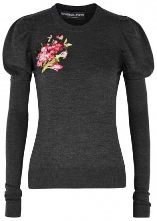 DOLCE & GABBANA Grey floral-embroidered wool jumper ~ grey puff sleeved jumpers ~ feminine knitwear ~ beautiful Italian fashion - flipped