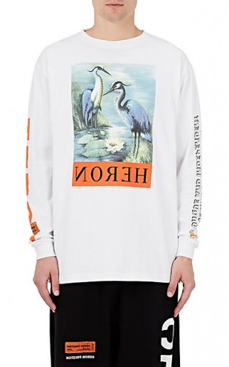Kendall Jenner white long sleeve printed tee with heron birds, HERON PRESTON Lettering & Audubon-Graphic Cotton T-Shirt, out in NYC, 29 July 2017. Models off duty style | casual celebrity fashion - flipped