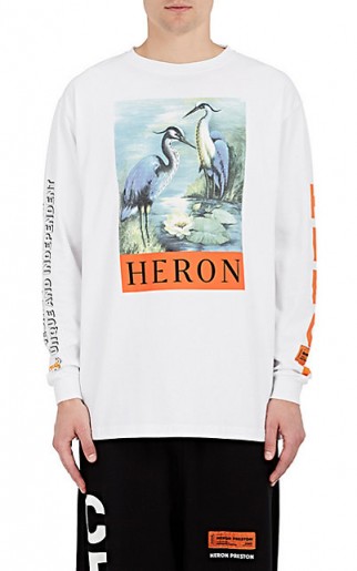 Kendall Jenner white long sleeve printed tee with heron birds, HERON PRESTON Lettering & Audubon-Graphic Cotton T-Shirt, out in NYC, 29 July 2017. Models off duty style | casual celebrity fashion
