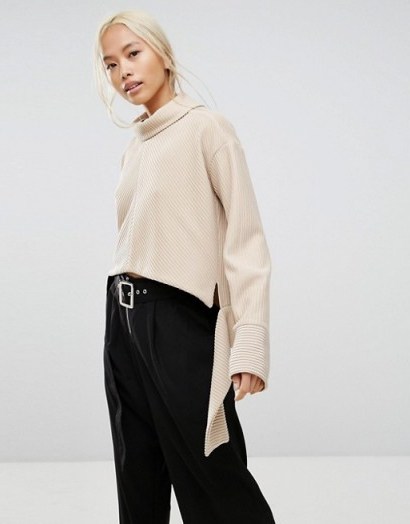 House Of Sunny Oversized High Neck Jumper In Rib With Tie Waist - flipped