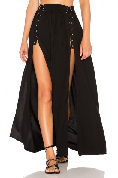 Indah INDIANA SKIRT | long black front slit skirts | lace up style - flipped