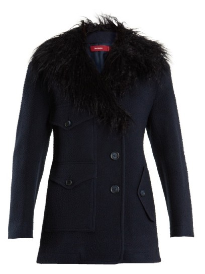 SIES MARJAN Ivy wool-blend felt pea coat – navy faux-shearling collar coats – winter style