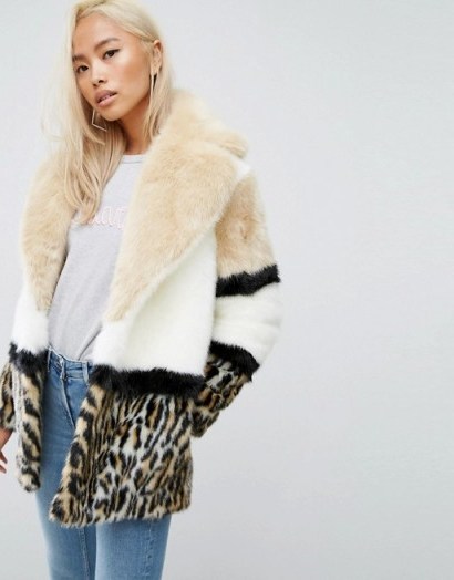 Jakke Colourblock Faux Fur Coat With Leopard Panel – luxe animal print coats – winter style - flipped