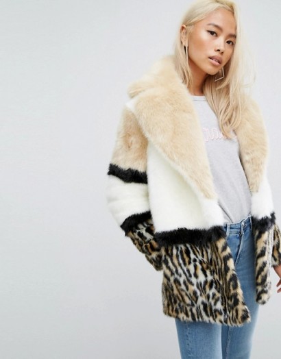 Jakke Colourblock Faux Fur Coat With Leopard Panel – luxe animal print coats – winter style