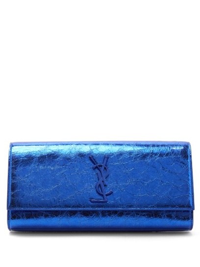 SAINT LAURENT Kate leather clutch ~ metallic blue evening bags - flipped