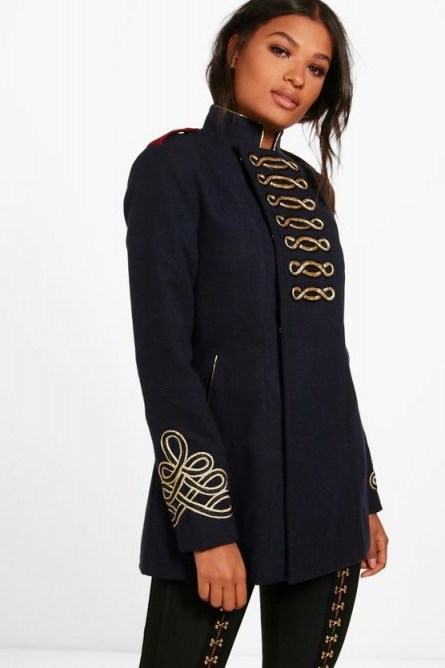 boohoo Kelly Boutique Wool Admiral Military Coat – navy-blue high collar jackets - flipped