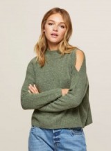 MISS SELFRIDGE Khaki Funnel Neck Cold Shoulder Knitted Jumper | green jumpers