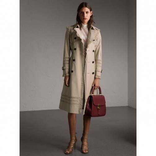 BURBERRY Lace Detail Cotton Gabardine Trench Coat – ruffle trim trench coats – chic autumn/winter style - flipped