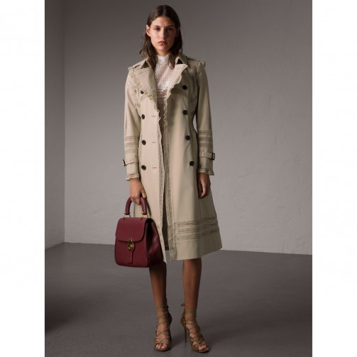 BURBERRY Lace Detail Cotton Gabardine Trench Coat – ruffle trim trench coats – chic autumn/winter style