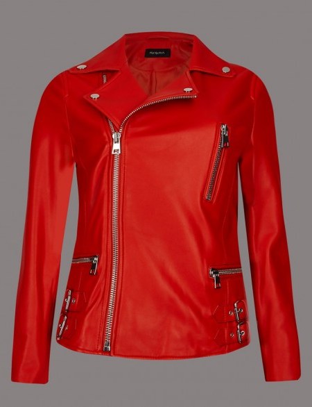 AUTOGRAPH Leather Biker Coat / poppy red jackets / Marks and Spencer clothing - flipped