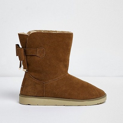 River Island Light brown bow fur lined short boots – suede winter booties - flipped