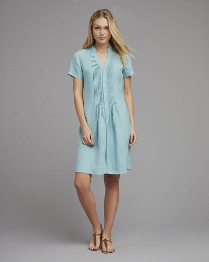 EAST LINEN SHORT SLEEVE PINTUCK DRESS / duck egg blue dresses - flipped
