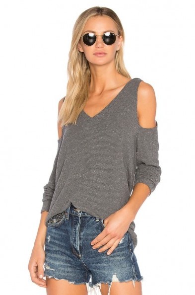 LNA NIX LONG SLEEVE TEE – casual luxe tees – cold shoulder rib knit tops - flipped
