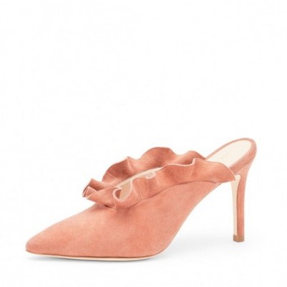 LOEFFLER RANDALL LANGLEY RUFFLE MULE – dusty rose-pink suede mules – ruffled shoes - flipped