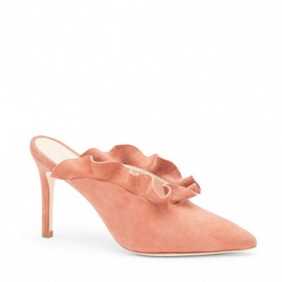 LOEFFLER RANDALL LANGLEY RUFFLE MULE – dusty rose-pink suede mules – ruffled shoes