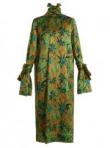 MARNI Long-sleeved Herbage-print midi dress ~ green high neck silk dresses #2