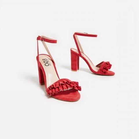 EGO Macey Frill Detail Block Heel In Coral Faux Suede - flipped