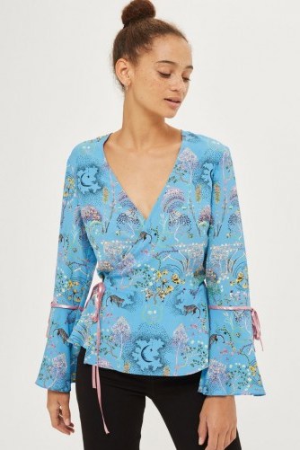 Topshop Magical Leopard Print Wrap Blouse – blue printed blouses - flipped