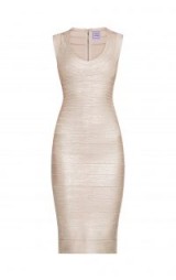 HERVE LEGER MAIRA WOODGRAIN FOIL-PRINT BANDAGE DRESS – rose gold bodycon – luxe dresses
