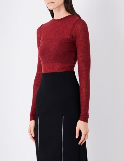 MAJE Linola open-knit wool-blend top ~ sheer burgundy tops - flipped